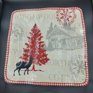 222 Fifth Northwood Cottage Large 10.5" Dinner Plate Winter Christmas Cabin Deer